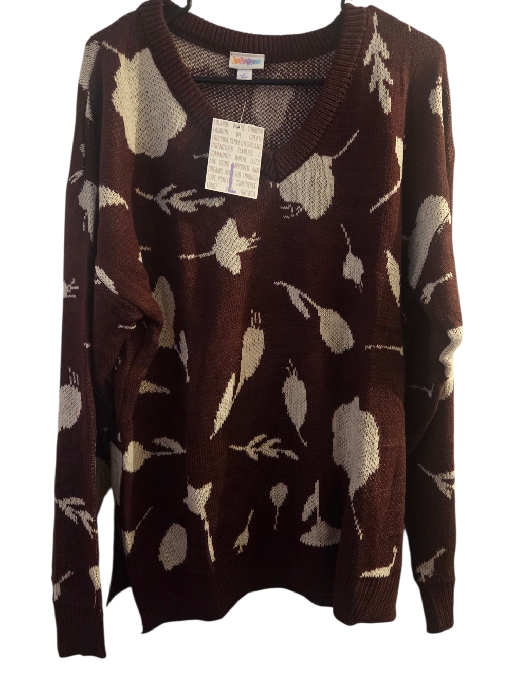 LuLaRoe Brown V-Neck Sweater with Cream Floral Motif